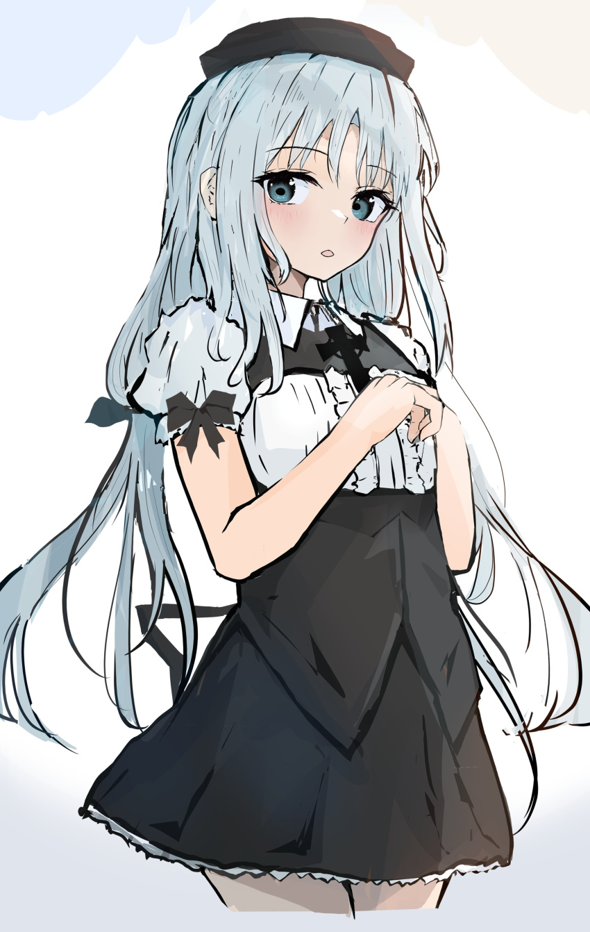 1girl, absurdres, aqua_eyes, aqua_hair, beret, black_bow, black_dress, black_hat