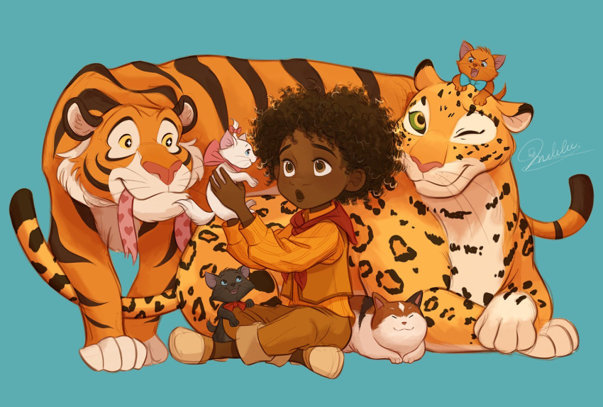 1boy, animal, antonio_madrigal, berlioz_(disney), blue_background, brown_eyes, brown_hair, brown_pants