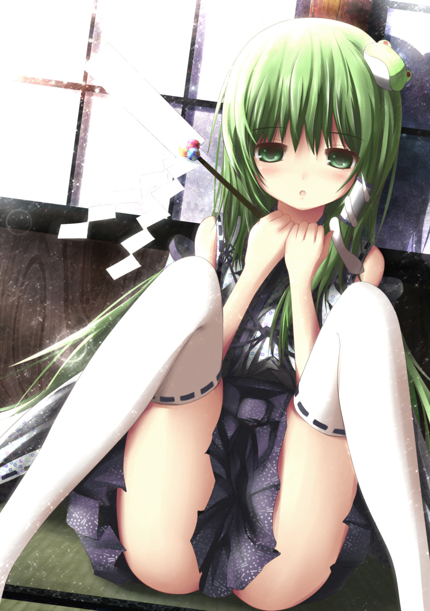 absurdres, apple228, frog, gohei, green_eyes, green_hair, hair_ornament, highres