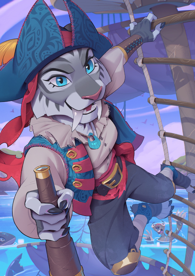 1boy, 1girl, belt, black_belt, black_pants, blue_eyes, blue_hat, blue_vest, fangs, furry, furry_female, grey_fur, hat, holding, holding_telescope, ice_age_(movie), jewelry, kyander, looking_at_viewer, necklace, open_clothes, open_vest, pants, pirate_costume, pirate_hat, sabretooth_tiger, shira_(ice_age), shirt, sidney_(ice_age), solo_focus, telescope, vest, water, white_shirt