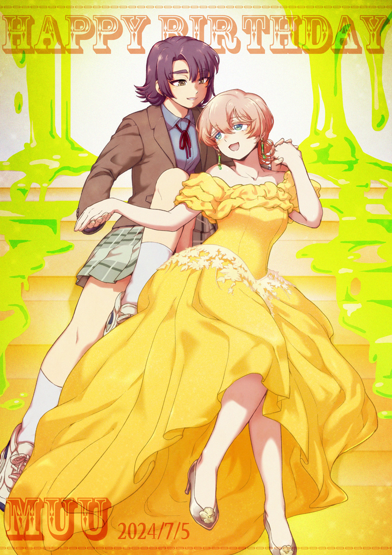 2girls, :3, :d, alternate_costume, alternate_hairstyle, ball_gown, blazer, blonde_hair