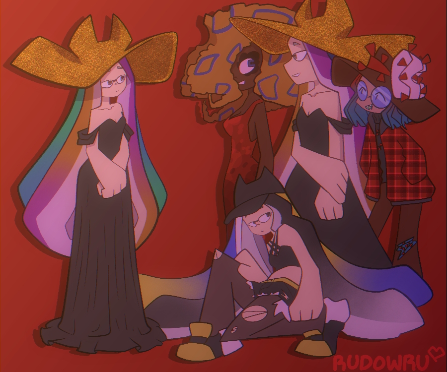 3girls, aqua_hair, bare_shoulders, black_dress, black_hair, black_hat, black_pantyhose, black_shirt, black_shorts, blonde_hair, blue_hair, brown_hair, crop_top, dark-skinned_female, dark_skin, domino_mask, dress, glasses, gold_hat, gradient_hair, green_hair, grey_hair, hair_over_one_eye, hat, mask, multicolored_hair, multiple_girls, multiple_views, off-shoulder_dress, off_shoulder, orange_hair, own_hands_together, pantyhose, parted_lips, patterned_hair, plaid_clothes, plaid_shirt, profile, purple_hair, red_dress, red_shirt, round_eyewear, rudow, shirt, shoes, shorts, smile, splatoon_(series), splatoon_3, tao_blu_(splatoon), tentacle_hair, torn_clothes, torn_pantyhose, tosh_(splatoon), yoko_(splatoon)