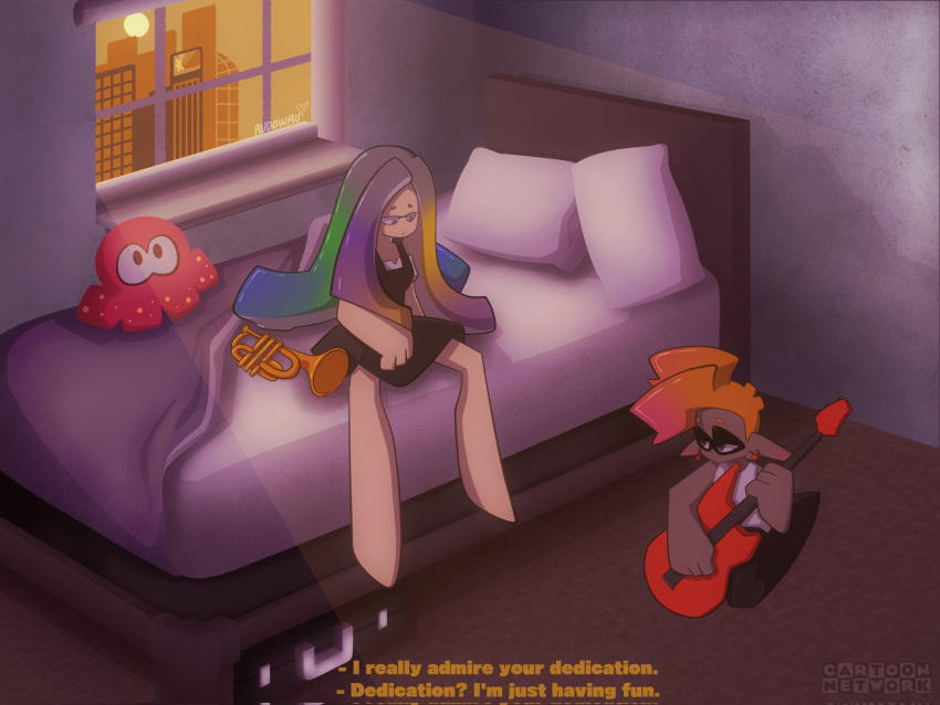1boy, 1girl, artist_name, baker_(splatoon), barefoot, bed, black_dress, blonde_hair, blue_hair, cartoon_network, dress, fake_screenshot, gradient_hair, green_hair, grey_eyes, grey_hair, guitar, highres, indoors, instrument, multicolored_hair, pillow, purple_hair, rudow, shadow, splatoon_(series), subtitled, tentacle_hair, trumpet, window, yoko_(splatoon)