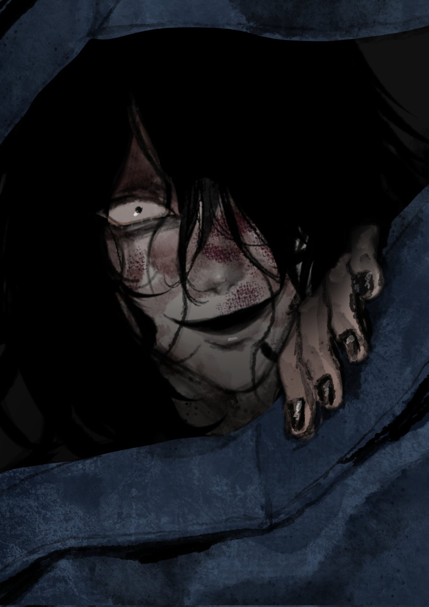 1boy, bag, black_eyes, black_hair, black_nails, blood, blood_on_face, commentary_request