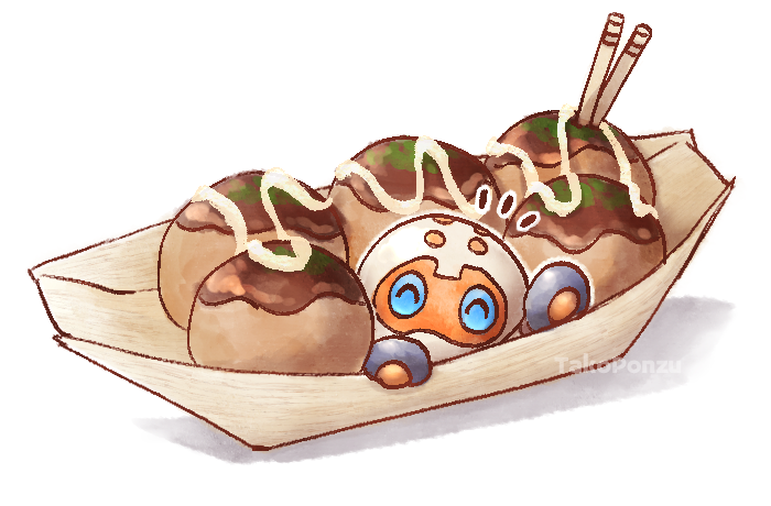 ^_^, animal_focus, artist_name, blue_eyes, clobbopus, closed_eyes, food, food_focus, mayonnaise, no_humans, octopus, pokemon, pokemon_(creature), simple_background, splatakoponzu, takoyaki, white_background
