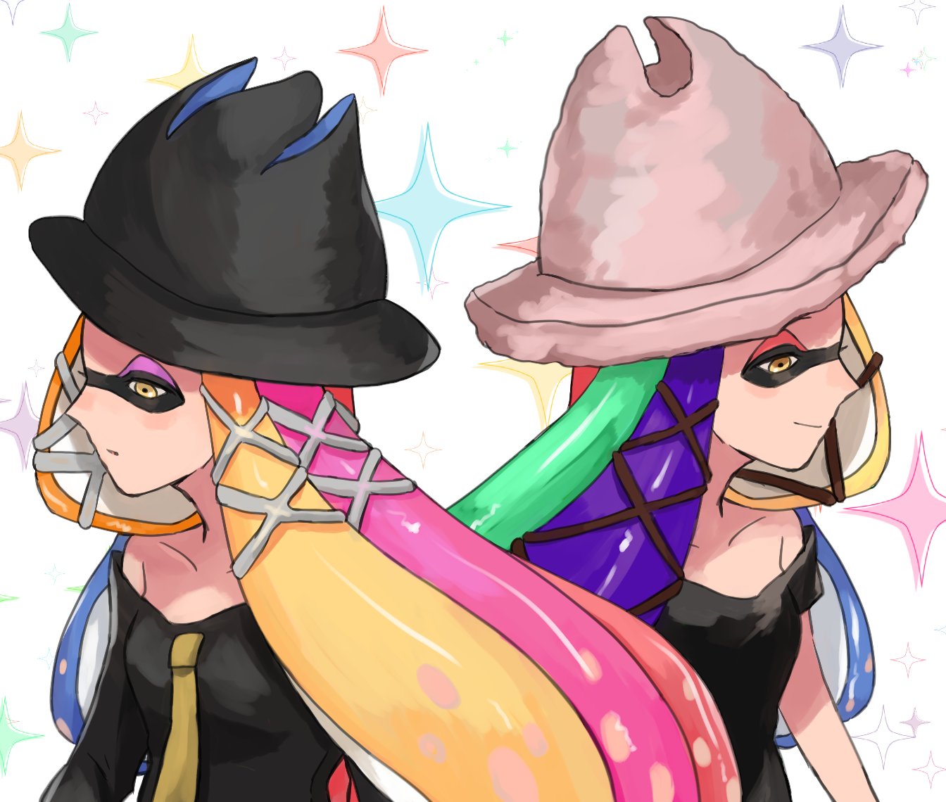 age_progression, aqua_hair, bare_shoulders, black_dress, black_hat, blonde_hair, blue_hair, brown_eyes