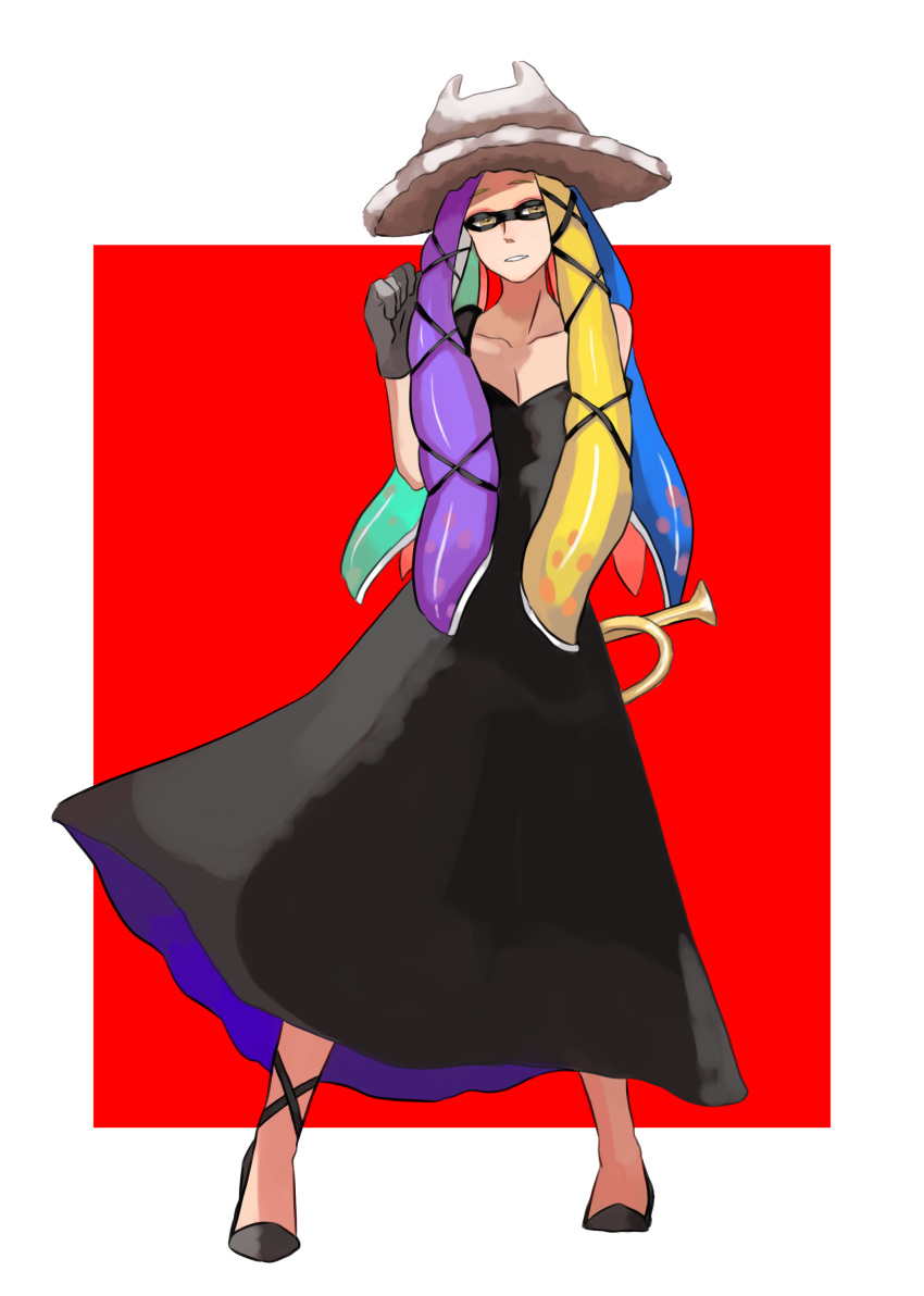 1girl, absurdres, aqua_hair, arm_behind_back, black_dress, black_footwear, blonde_hair, blue_hair