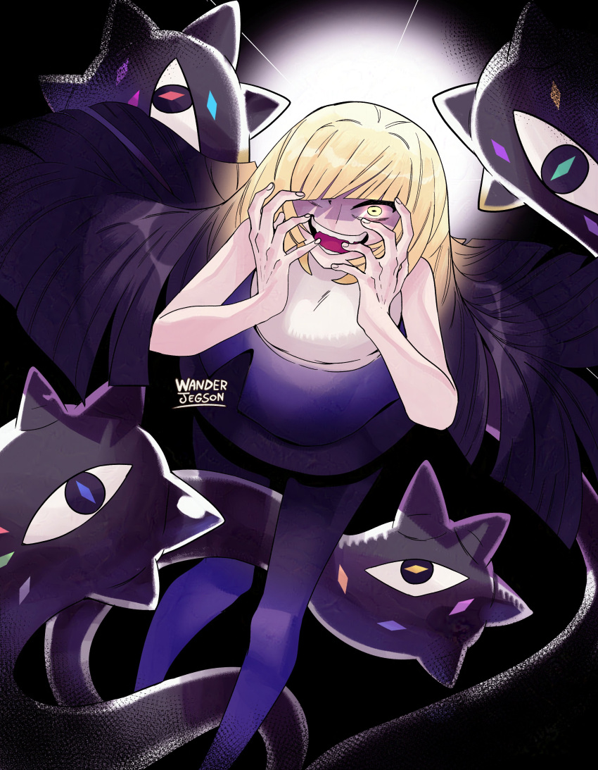 1girl, absurdres, black_hair, blonde_hair, crazy_smile, dark_background, dress, evil_smile