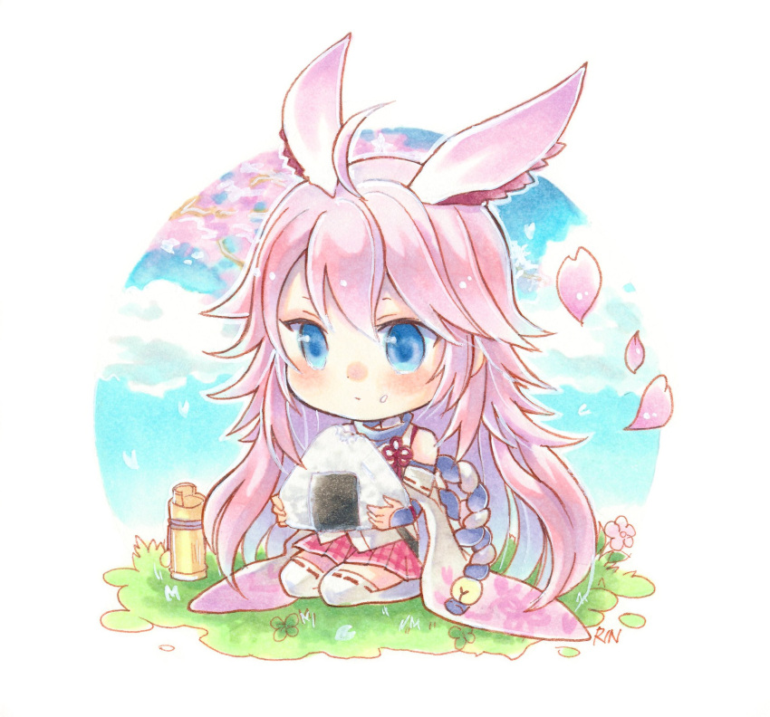 1girl, ahoge, animal_ears, blue_eyes, blue_sky, cherry_blossoms, closed_mouth, clouds