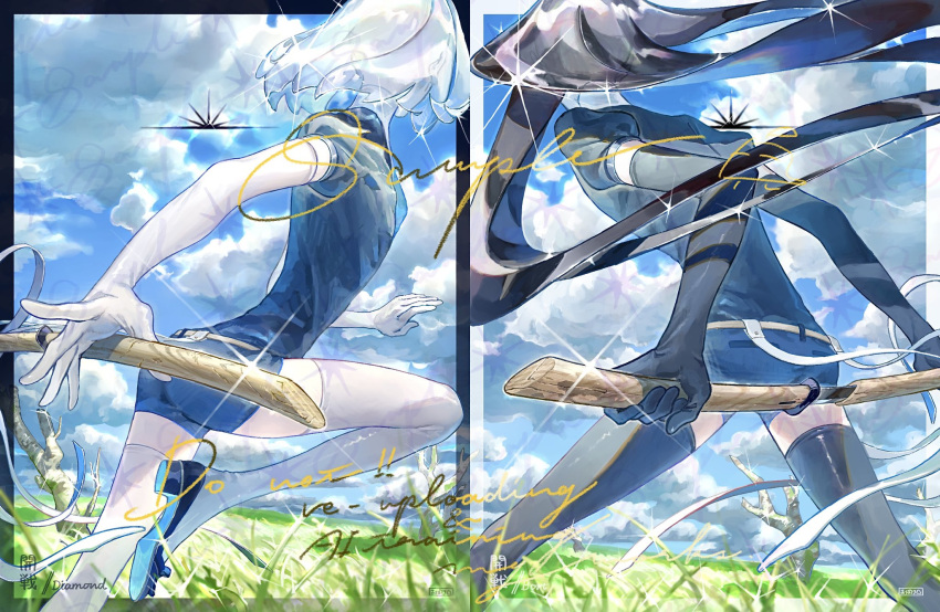 2others, black_hair, black_shorts, black_sleeves, blue_sky, bort, clouds, cloudy_sky, diamond_(houseki_no_kuni), ghost_to_human, glint, grass, highres, holding, holding_sword, holding_weapon, houseki_no_kuni, long_hair, multiple_others, other_focus, outdoors, shorts, sky, sword, weapon