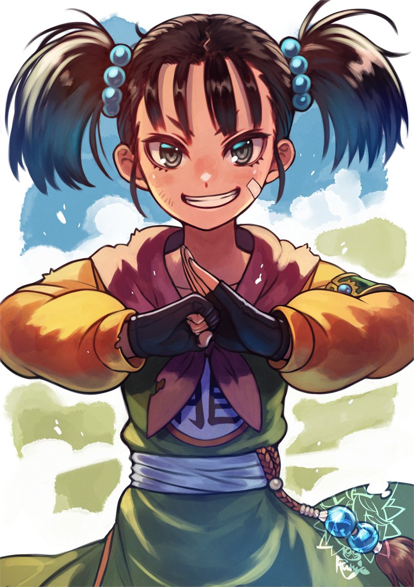 1girl, black_gloves, dragon_quest, dragon_quest_iii, gloves, grey_eyes, highres, martial_artist_(dq3), own_hands_together, rumie, smile, solo, straight-on, tassel, teeth, twintails, v-shaped_eyebrows