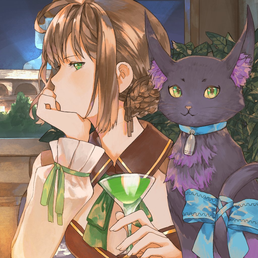 1girl, animal_ear_fluff, black_cat, braid, braided_bun, brown_hair, cat, celine_(sen_no_kiseki), colored_sclera, duvalie, eiyuu_densetsu, green_eyes, hair_bun, indoors, kyotyan, purple_fur, sen_no_kiseki_(series), sen_no_kiseki_iv, yellow_sclera