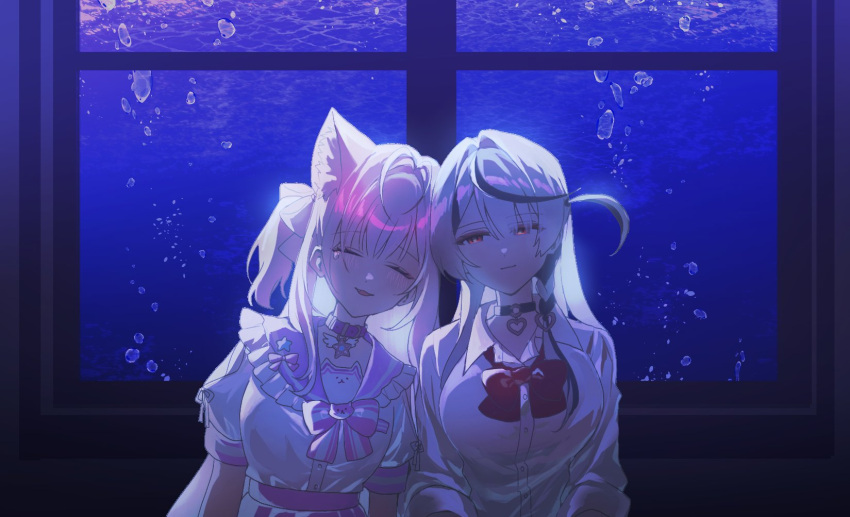 2girls, animal_ears, antenna_hair, belt, black_choker, black_hair, blush, bow