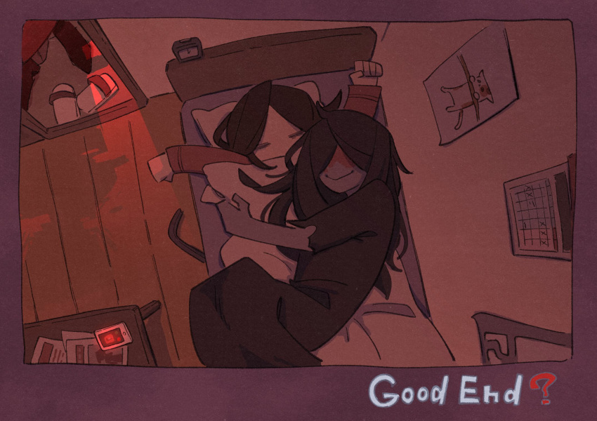 1girl, 2boys, bedroom, black_hair, black_kimono, blood, blood_on_face, brown_hair, chinese_commentary, closed_eyes, commentary_request, day, english_text, hang_in_there_(meme), heroine_(homicipher), highres, homicipher, hug, indoors, japanese_clothes, kimono, meme, mixed-language_text, mr._crawling, mr._scarletella, multiple_boys, on_bed, sleeping, translation_request, under_covers, yeeeaaah10301