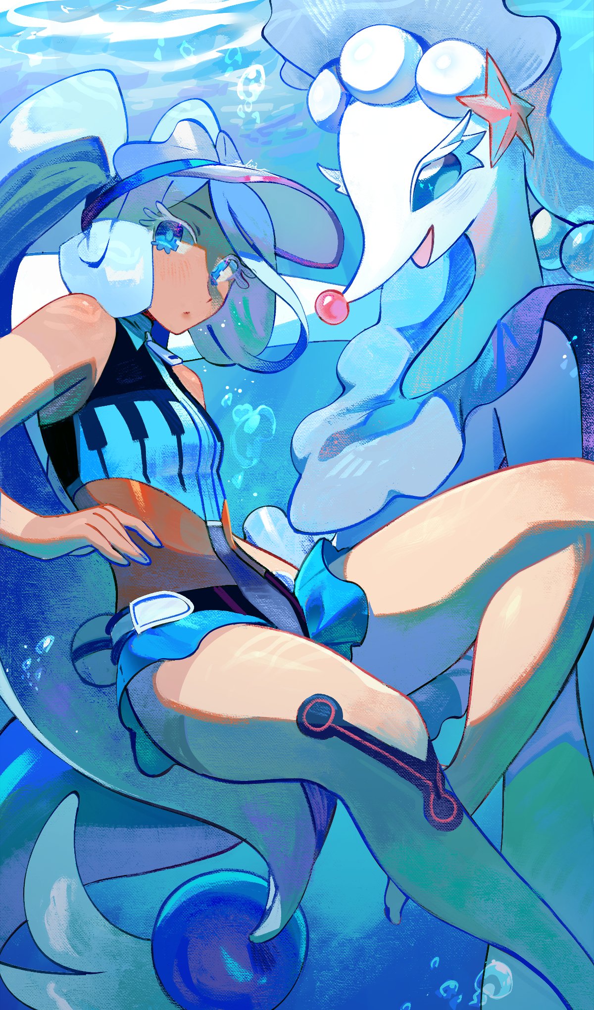1girl, air_bubble, bare_shoulders, bikini, blue_bikini, blue_eyes, blue_hair, blue_sclera