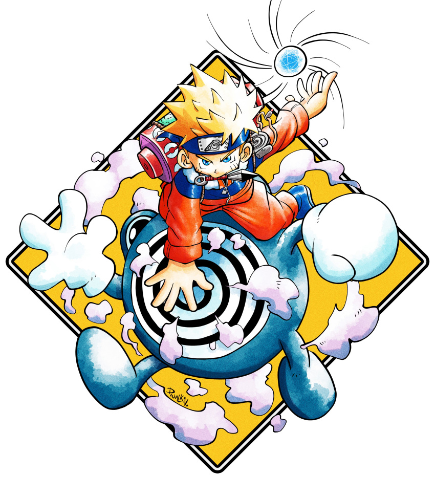 1boy, absurdres, blonde_hair, blue_eyes, crossover, dwalkn, forehead_protector, highres, konohagakure_symbol, kunai, male_focus, naruto, naruto_(series), ninja, official_style, pokemon, pokemon_(creature), poliwhirl, rasengan, smoke, spiky_hair, sugimori_ken_(style), uzumaki_naruto, v-shaped_eyebrows, weapon