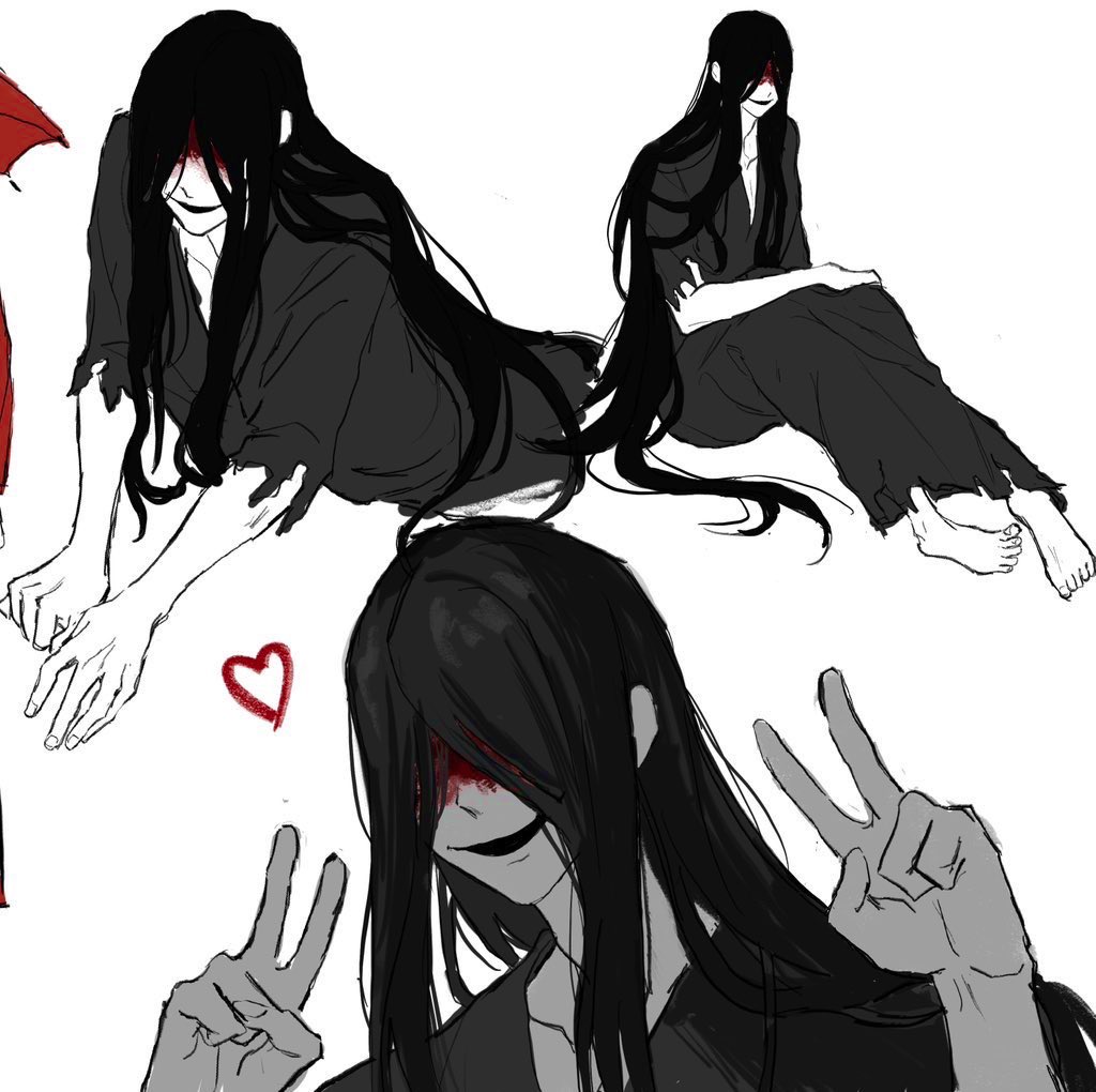 2boys, black_hair, black_kimono, blood, blood_on_face, double_v, hair_over_eyes, heart, homicipher, japanese_clothes, kimono, long_hair, male_focus, mr._crawling, mr._scarletella, multiple_boys, multiple_views, simple_background, sitting, v, very_long_hair, white_background, xahx14
