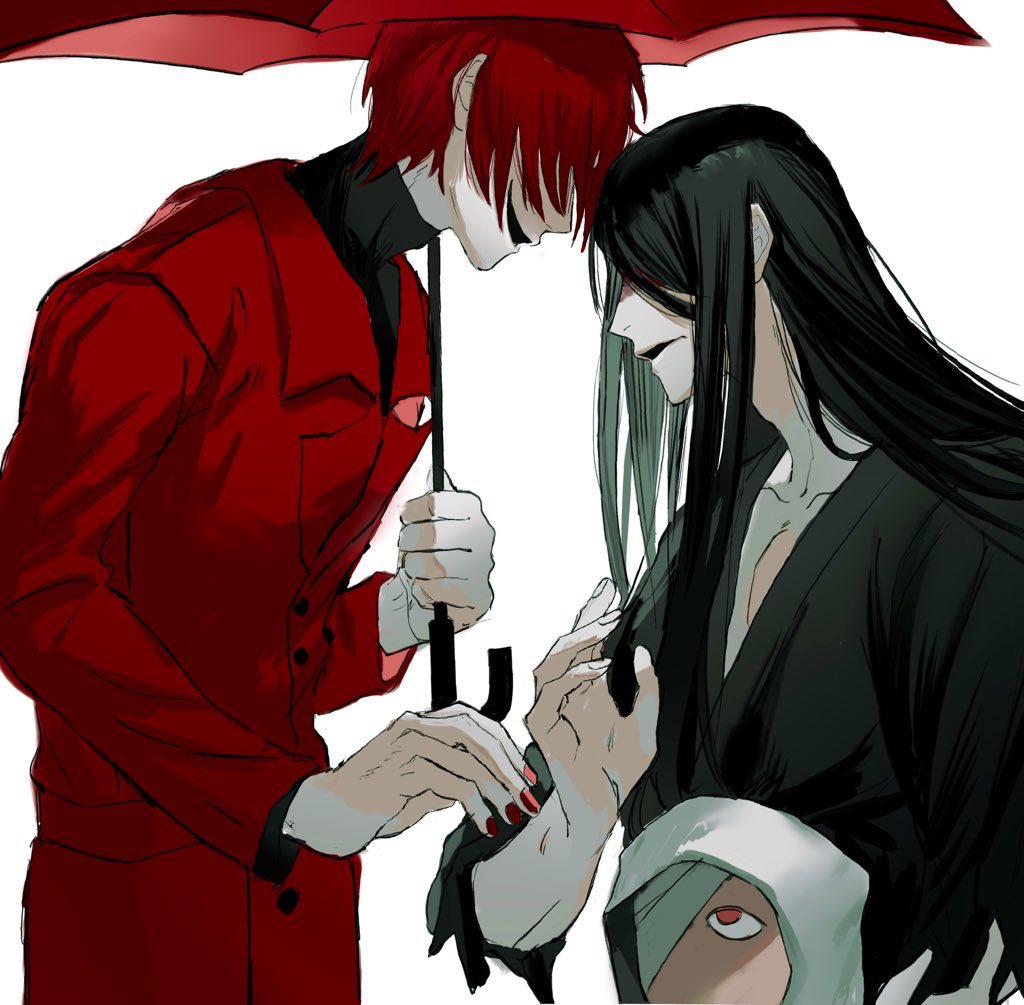 1girl, 2boys, bandage_over_one_eye, black_hair, black_kimono, blood, blood_on_face, coat, commentary_request, facing_another, hair_over_eyes, heroine_(homicipher), holding, holding_umbrella, homicipher, japanese_clothes, kimono, long_hair, mr._crawling, mr._scarletella, multiple_boys, raincoat, red_coat, red_nails, red_umbrella, redhead, short_hair, simple_background, umbrella, white_background, xahx14