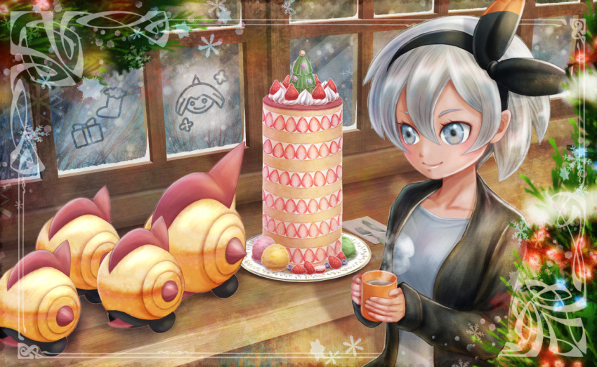 1girl, alternate_costume, bea_(pokemon), black_hairband, black_jacket, blue_eyes, blueberry, border