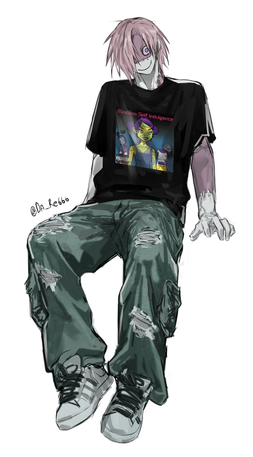 1boy, absurdres, baggy_pants, black_shirt, blue_eyes, colored_sclera, da_re666, denim, full_body, hair_over_one_eye, highres, homicipher, jeans, looking_at_viewer, male_focus, mindless_self_indulgence, mr._stitch, pants, pink_hair, pink_sclera, shirt, shoes, short_hair, simple_background, smile, sneakers, solo, standing, stitches, torn_clothes, torn_jeans, torn_pants, white_background