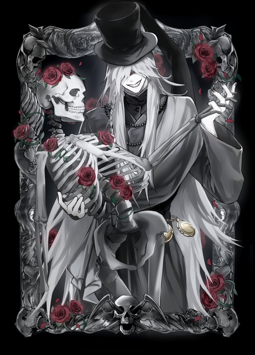 1boy, absurdres, black_robe, da_re666, english_commentary, flower, grey_hair, grin, hair_over_eyes, hat, highres, kuroshitsuji, long_hair, male_focus, picture_frame, red_flower, red_rose, robe, rose, skeleton, smile, solo, top_hat, undertaker_(kuroshitsuji), very_long_hair