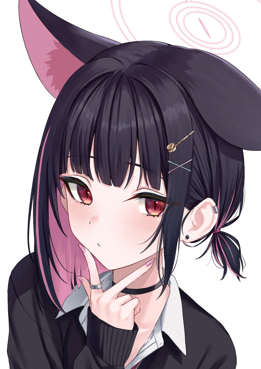 1girl, alternate_costume, alternate_hairstyle, animal_ears, black_cardigan, black_choker, black_hair, blue_archive