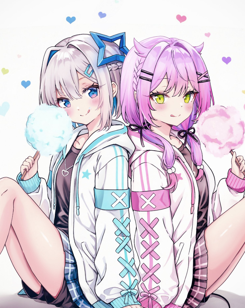 2girls, alternate_costume, amane_kanata, back-to-back, bike_shorts, blue_eyes, blue_hair, blush