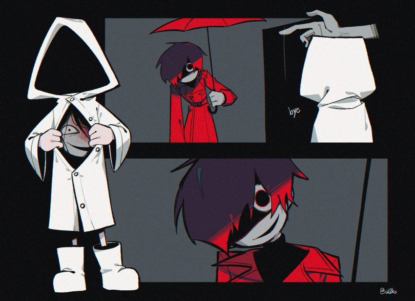 1girl, 2boys, black_hair, blood, blood_on_face, boots, coat, hair_over_one_eye