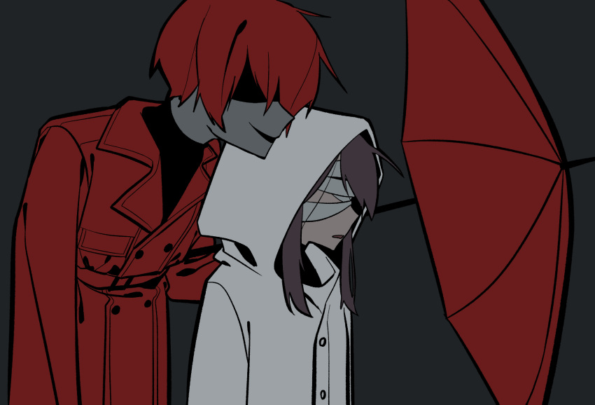 1boy, 1girl, bandaged_head, bandages, black_background, brown_hair, coat, facing_to_the_side