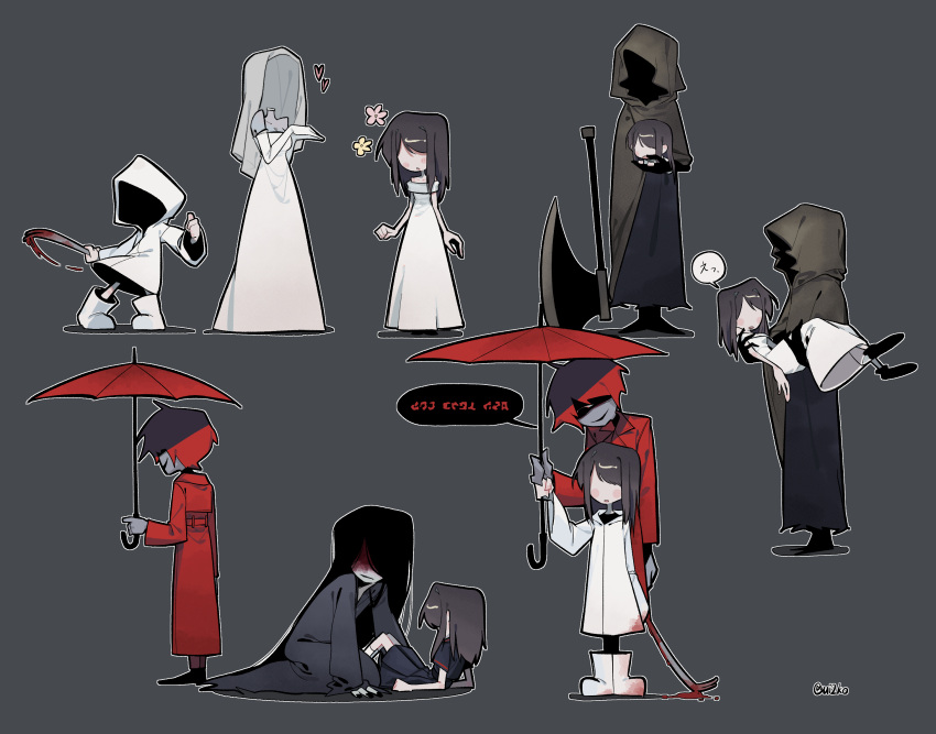 2girls, 3boys, black_hair, black_kimono, blood, blood_on_face, blood_on_weapon, brown_cloak