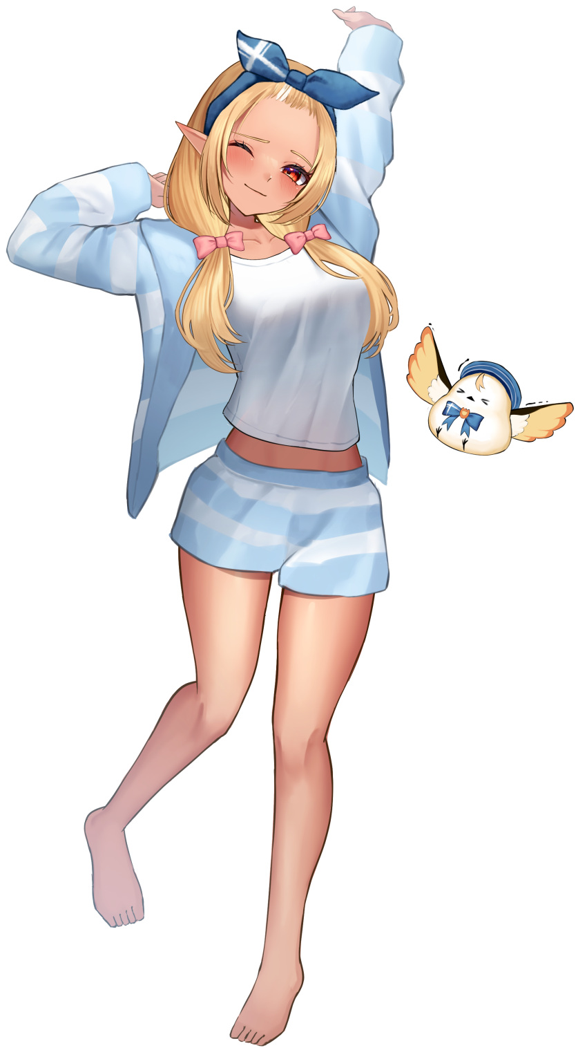 1girl, absurdres, alternate_costume, alternate_hairstyle, arm_up, barefoot, blonde_hair, blue_hairband