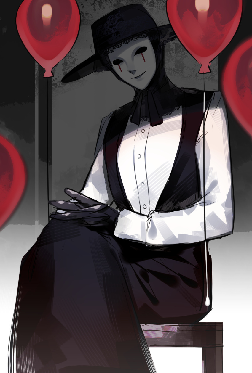 1boy, balloon, commentary_request, facing_viewer, grey_background, guotang, hat, highres, homicipher, long_sleeves, male_focus, mask, mr._masque, shirt, sitting, solo, white_shirt