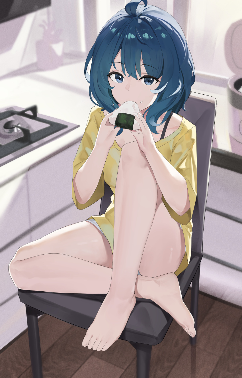 1girl, absurdres, ahoge, barefoot, blue_eyes, blue_hair, chair, chinese_commentary