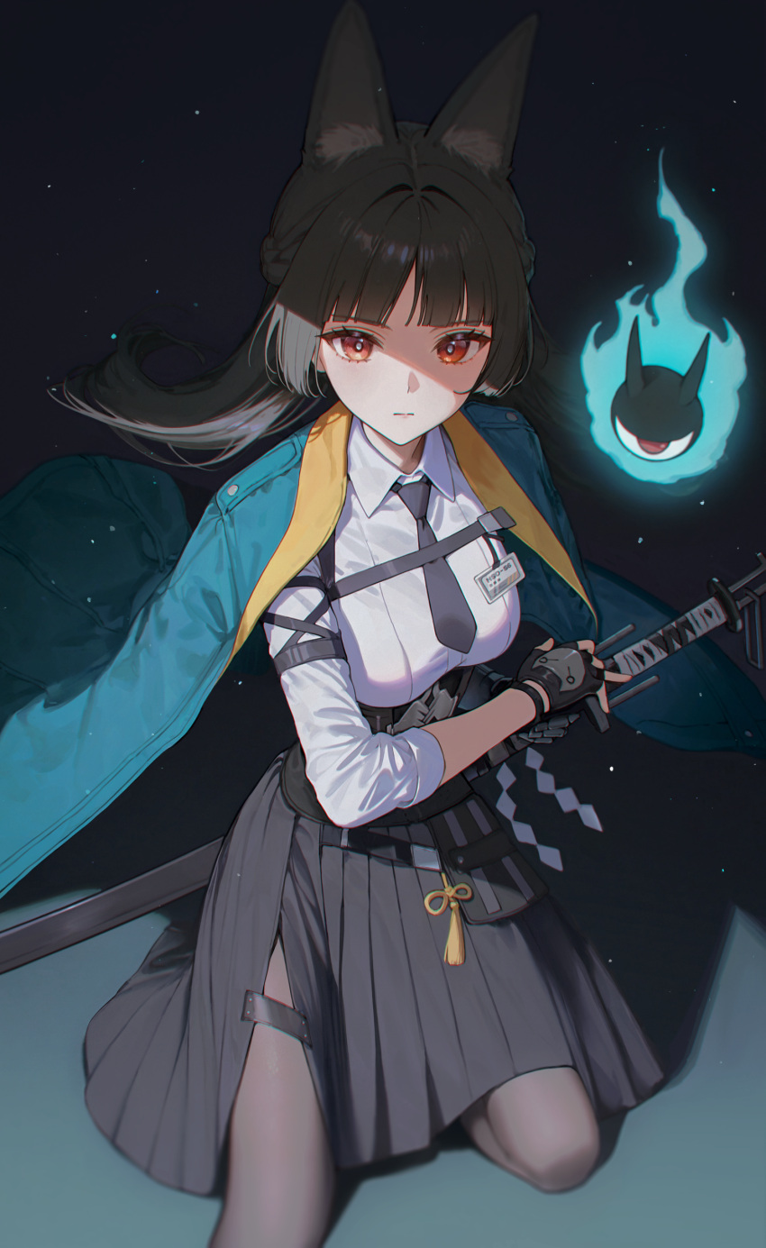 1girl, absurdres, ai-assisted, animal_ears, black_gloves, black_hair, black_necktie, black_skirt