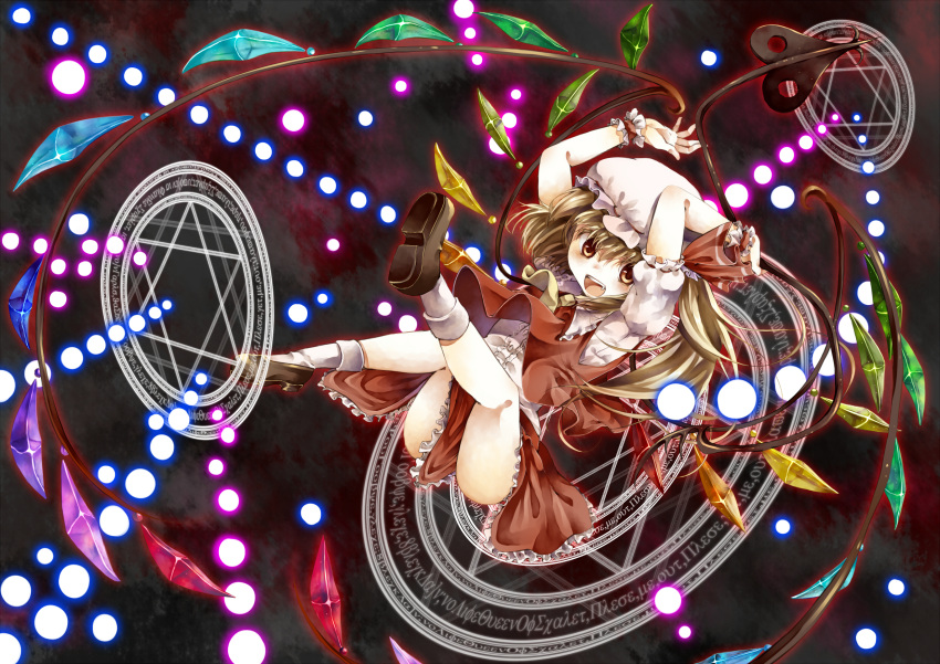blonde_hair, danmaku, flandre_scarlet, flat_chest, footwear, greek, hat, hexagram