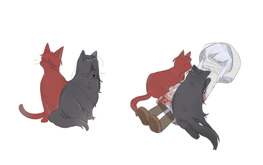 1girl, animal, animalization, bandaged_head, bandages, blood, blood_on_clothes, cat