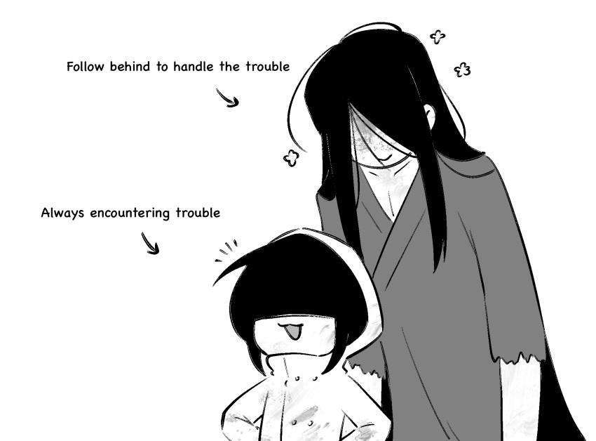 1boy, 1girl, blood, blood_on_clothes, blood_on_face, english_text, greyscale, happy_aura
