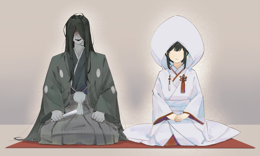 1boy, 1girl, black_hair, black_kimono, blood, blood_on_face, brown_background, coat