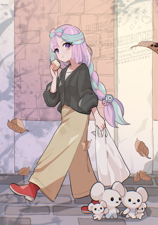 1girl, alternate_costume, autumn_leaves, blue_hair, chewing, falling_leaves, food, holding, holding_food, iono_(pokemon), leaf, long_hair, low-tied_long_hair, maushold, maushold_(family_of_four), mizuiro123, mouse_(animal), multicolored_hair, outdoors, pink_eyes, pink_hair, pokemon, pokemon_(creature), pokemon_sv, solid_circle_eyes, split-color_hair, two-tone_hair, walking, watermark