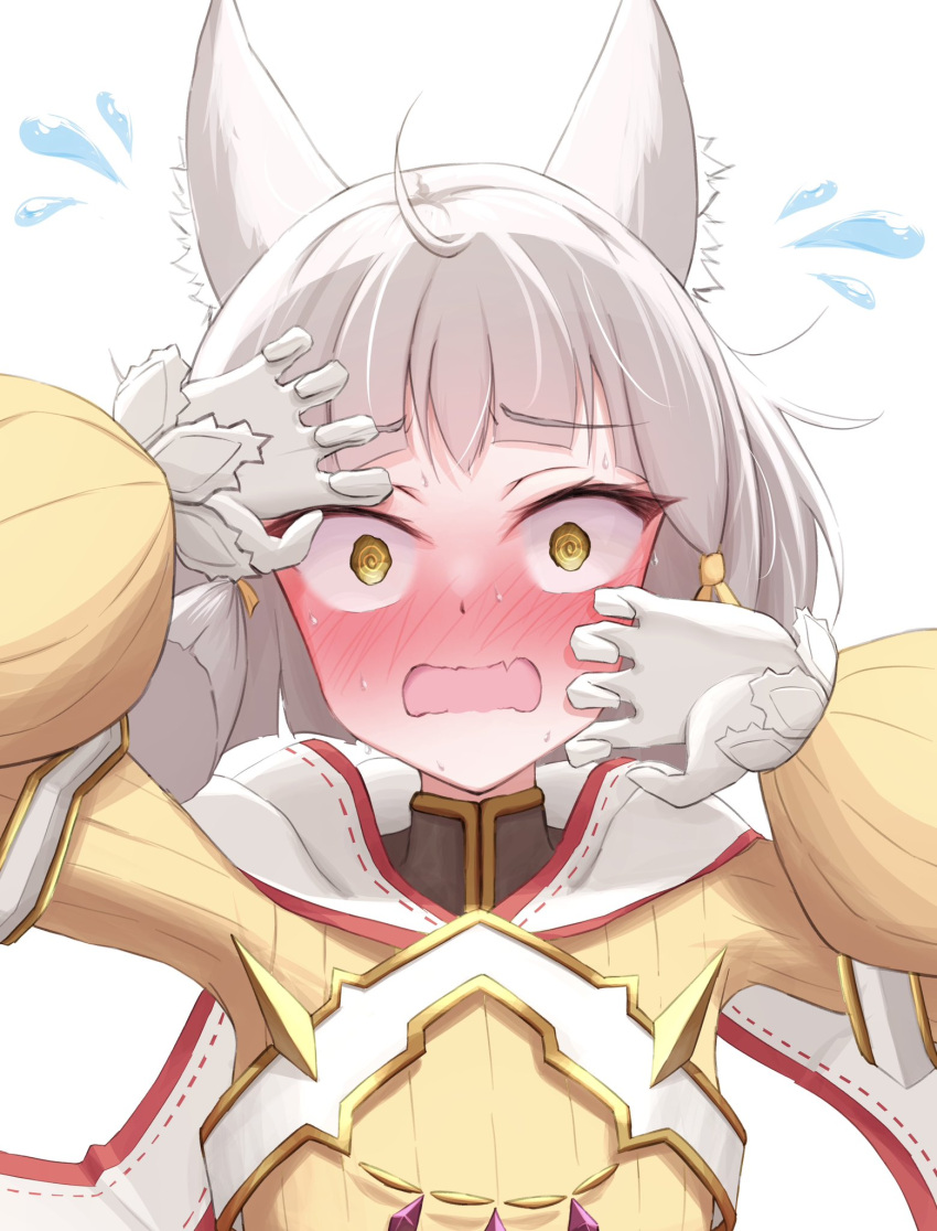 1girl, @_@, ahoge, animal_ears, blush, cat_ears, cat_girl, fang