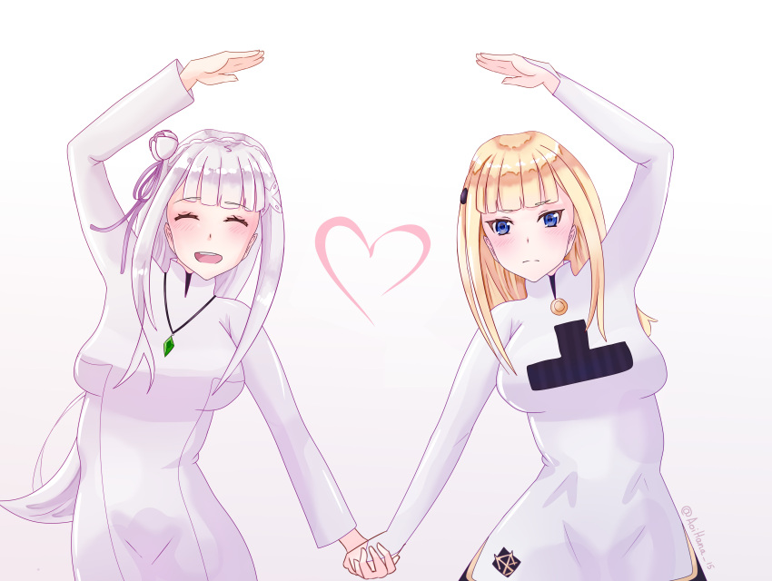 2girls, absurdres, aoihana_15, blonde_hair, blue_eyes, dress, emilia_(re:zero), hair_ornament, heart, heart_hands, highres, holding_hands, jewelry, long_hair, multiple_girls, open_mouth, re:zero_kara_hajimeru_isekai_seikatsu, smile, sylphy_(re:zero), very_long_hair, white_background, white_dress, white_hair
