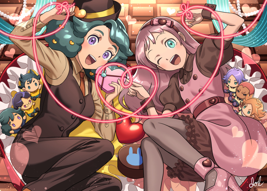 2girls, aqua_eyes, box, brown_hat, brown_overalls, character_doll, dolustoy, dress