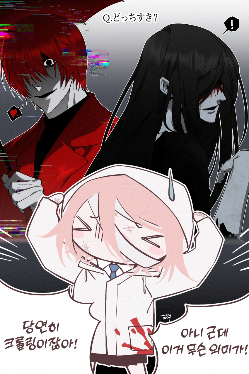 >_<, 1girl, 2boys, absurdres, bbabbamis2, black_background, black_hair, black_kimono