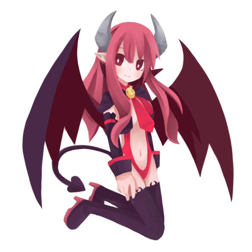 artist_request, demon_girl, demon_tail, demon_wings, disgaea, highres, horns, kayuka, long_hair, necktie, nippon_ichi, pink_eyes, pink_hair, pointy_ears, simple_background, smile, solo, succubus, succubus_(disgaea), tail, thigh-highs, thighhighs, wings