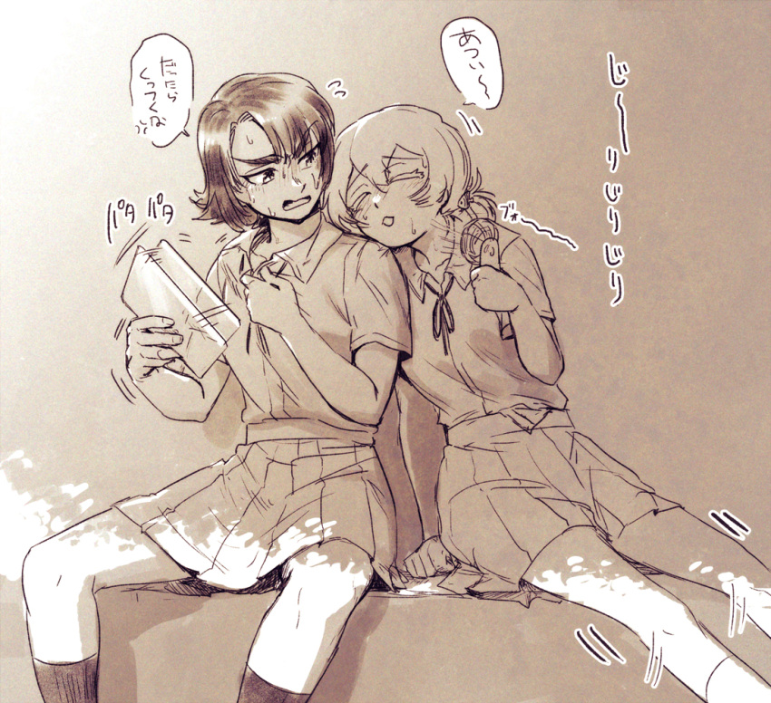 2girls, adjusting_shirt, alternate_costume, alternate_hairstyle, anger_vein, black_socks, blunt_bangs, blush
