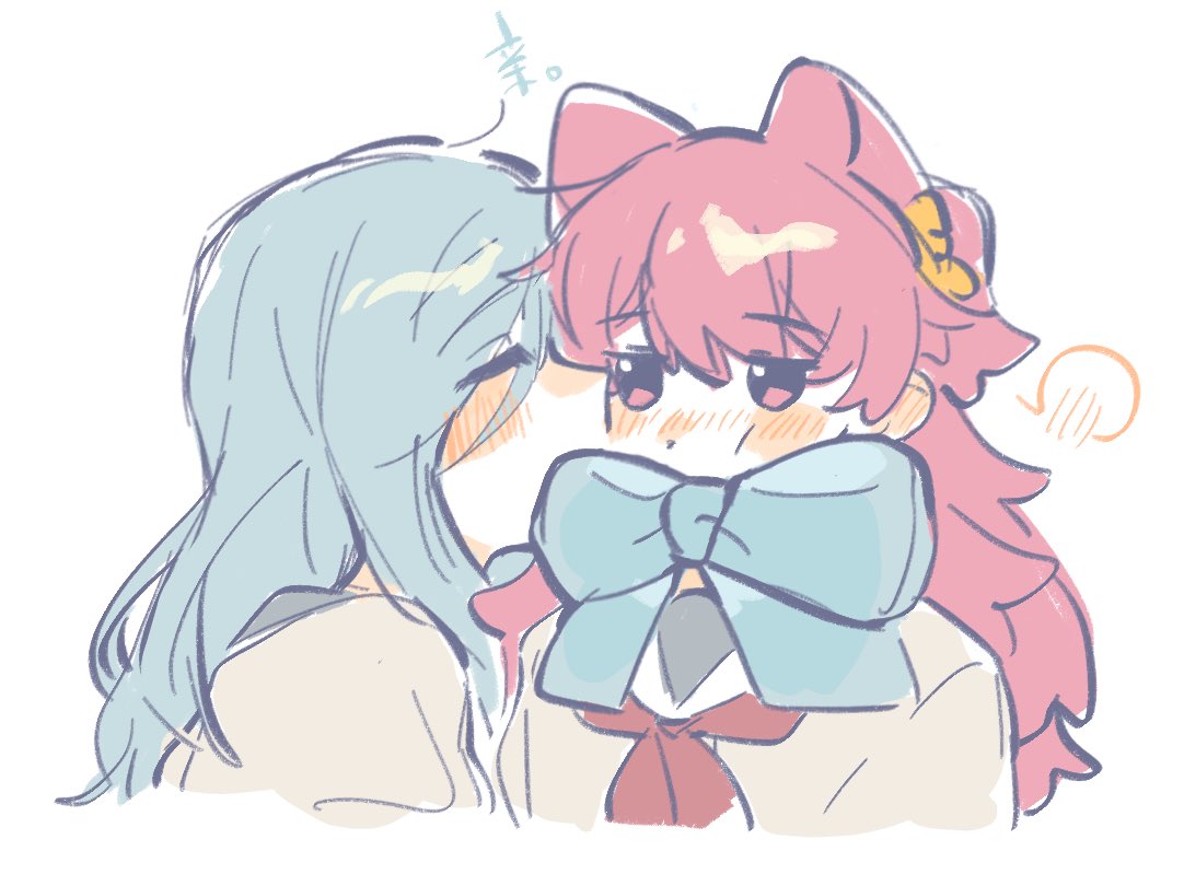 2girls, blue_bow, blue_hair, blue_scarf, blush, bow, closed_eyes, commentary