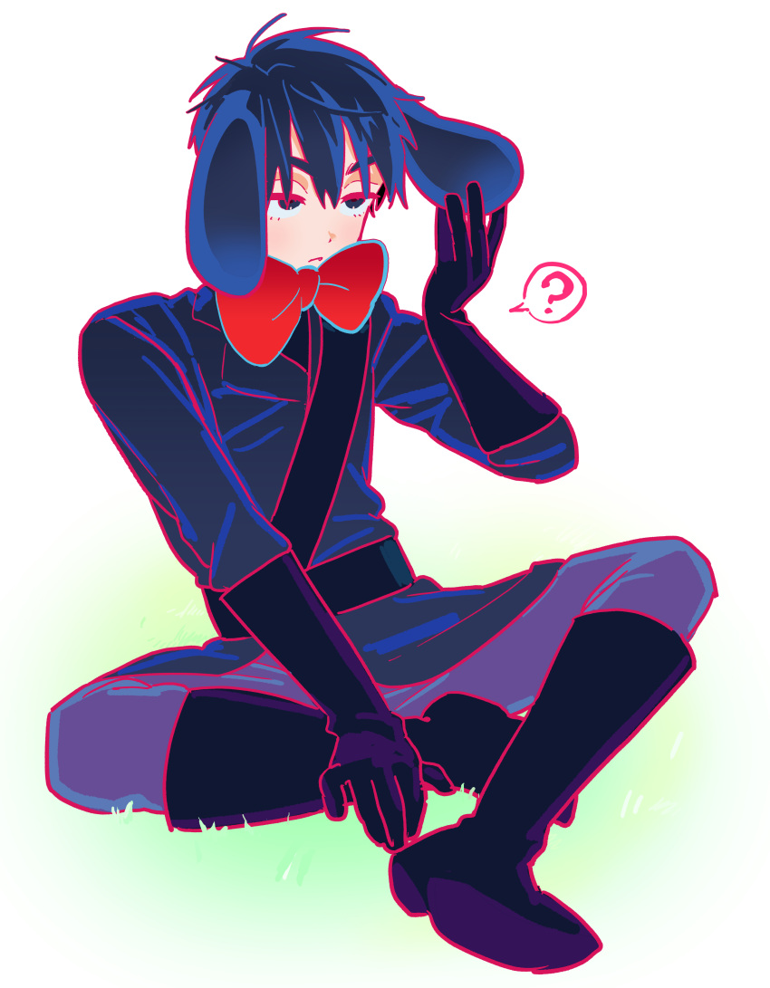 1boy, ?, absurdres, alien_stage, animal_ears, black_coat, black_eyes, black_hair