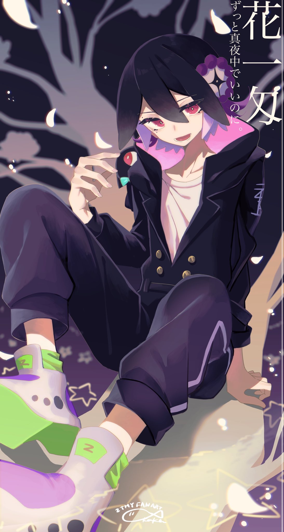 1girl, :d, black_hair, black_jumpsuit, blue_bow, blue_bowtie, bow, bowtie