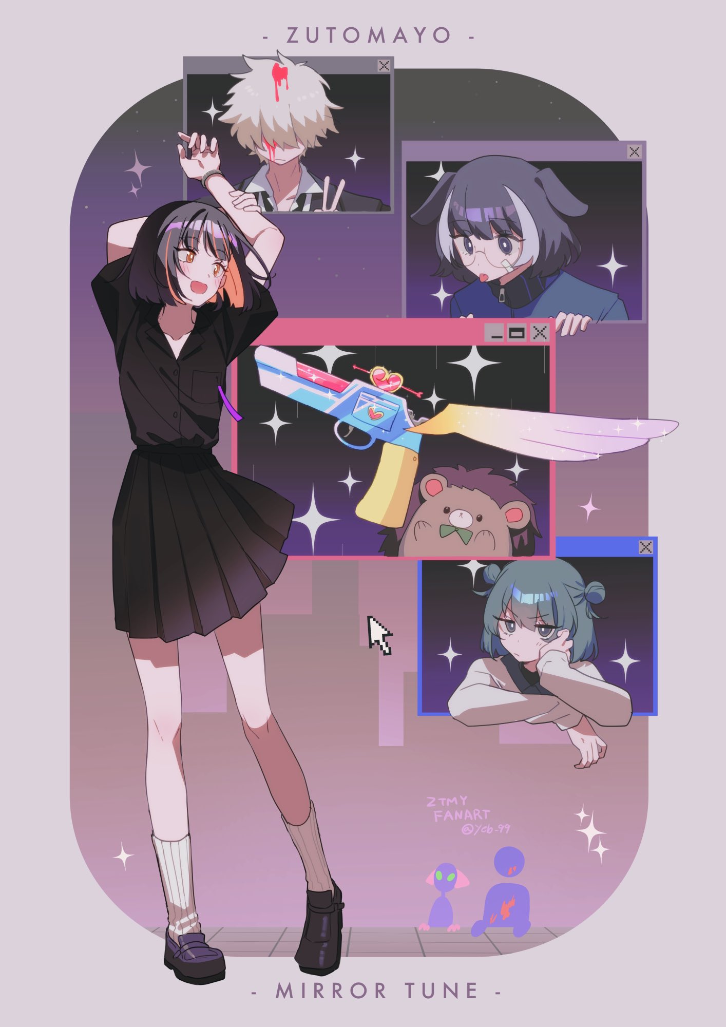 1boy, 3girls, :d, :p, aca-ne_(zutomayo), alien, arms_up, black_jacket