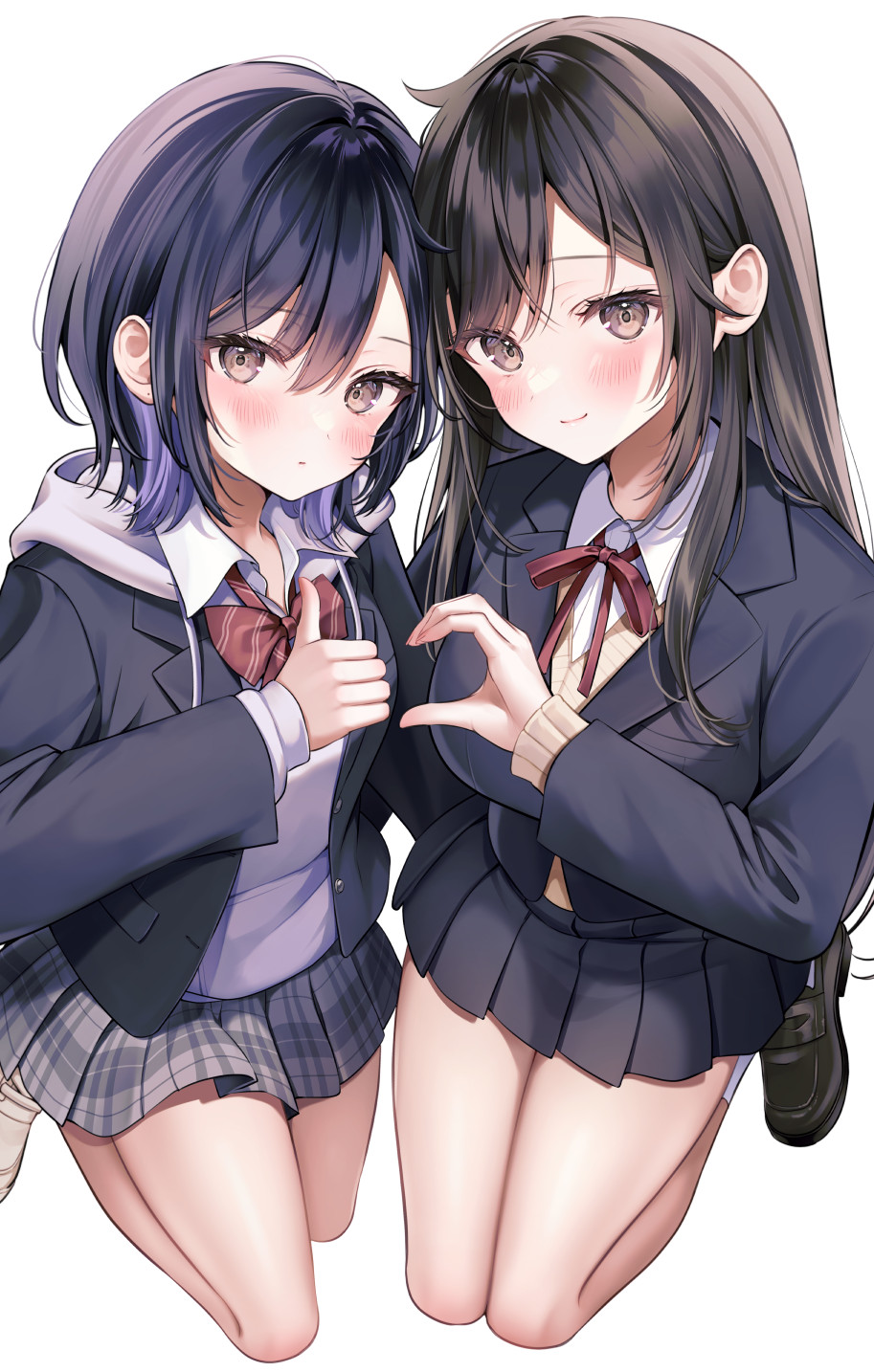 2girls, azato_jk_(yugaa), black_footwear, black_hair, black_jacket, black_skirt, blazer, blush